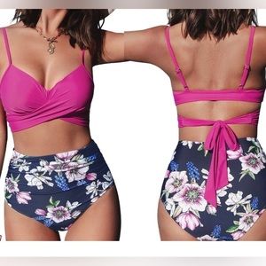 Cupshe Wrap Back Tie Two Piece Set Swimsuit Pink/Blue Small